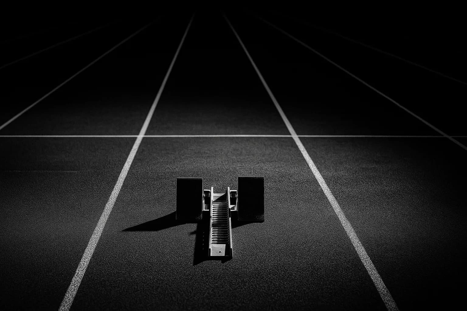 Schwarzweiß-Fotografie einer leeren 100-Meter-Sprintbahn mit einem einzelnen Startblock im Vordergrund, perspektivisch in die dunkle Ziellinie verlaufend.